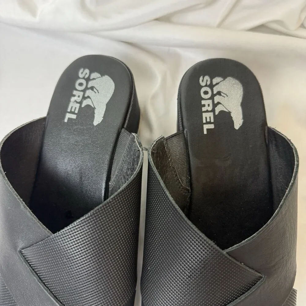 Sorel Cameron Flatform Mule Sandals Platform Leather Black Quiet Luxury Size 9